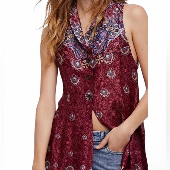 Free People Come See About Me Printed Burgundy Boho Midi Satin Vest Size M - Picture 2 of 9
